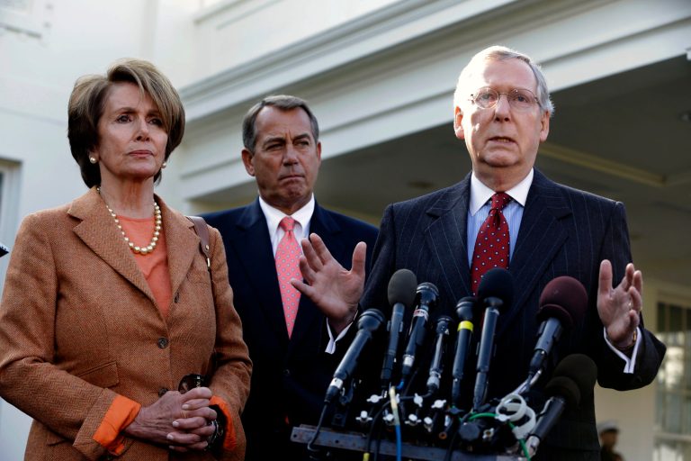 Senate Minority Leader Mitch McConnell of Ky., right, accompanied by House Minority Leader Nancy Pelosi of Calif., left, House Speaker John Boehner of Ohio, gestures as he speaks to reporters outside the White House in Washington, Friday, Nov. 16, 2012, following their meeting with President Barack Obama to discuss the economy and the deficit.  (AP Photo/Jacquelyn Martin)