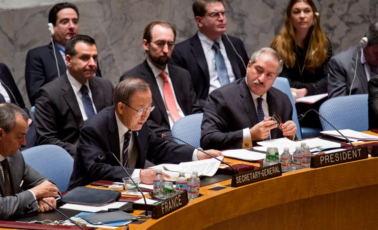 Jordanian Foreign Minister and President of the United Nations Security Council Nasser Judeh , right, listens to U.N. Secretary-General Ban Ki-moon during a meeting of the United Nations Security Council at U.N. headquarters, Monday, Jan. 20, 2014. (AP Photo/Craig Ruttle)