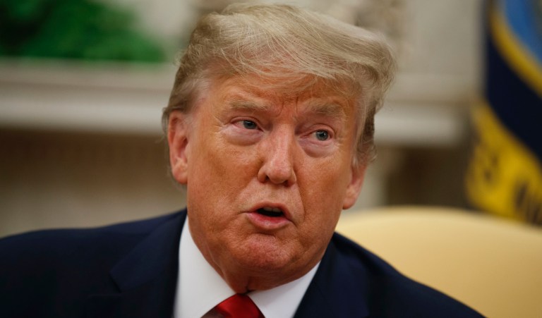 President Donald Trump speaks during a meeting with Bahrain's Crown Prince Salman bin Hamad Al Khalifa in the Oval Office of the White House, Monday, Sept. 16, 2019, in Washington. 