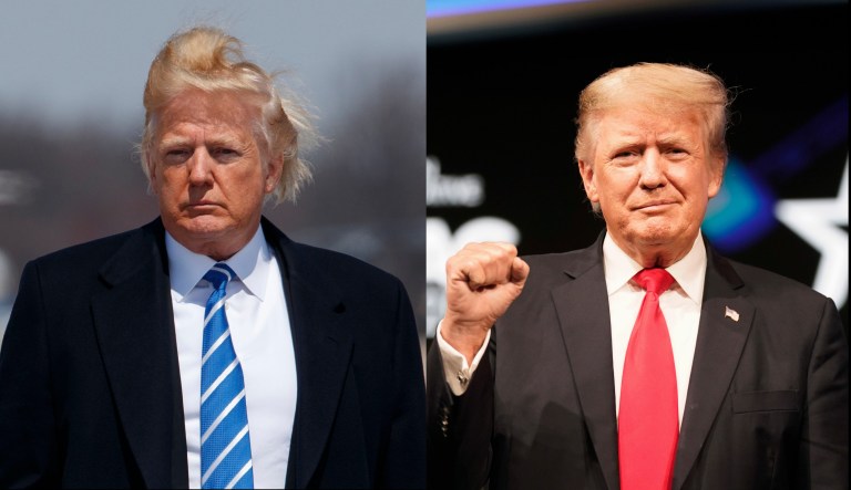 Two photographs of President Donald Trump are displayed side-by-side: one from 2018 (left) and one from July 2021 (right).