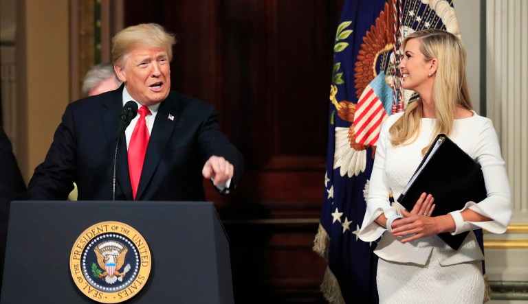 President Donald Trump, joined by his daughter Ivanka Trump, speaks to the Interagency Task Force to Monitor and Combat Trafficking in Persons annual meeting at the Eisenhower Executive Office Building on the White House complex in Washington, Thursday, Oct. 11, 2018.