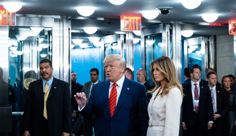 President Donald Trump and first lady Melania Trump arrive for the 74th session of the United Nations General Assembly, at U.N. headquarters, Tuesday, Sept. 24, 2019. 