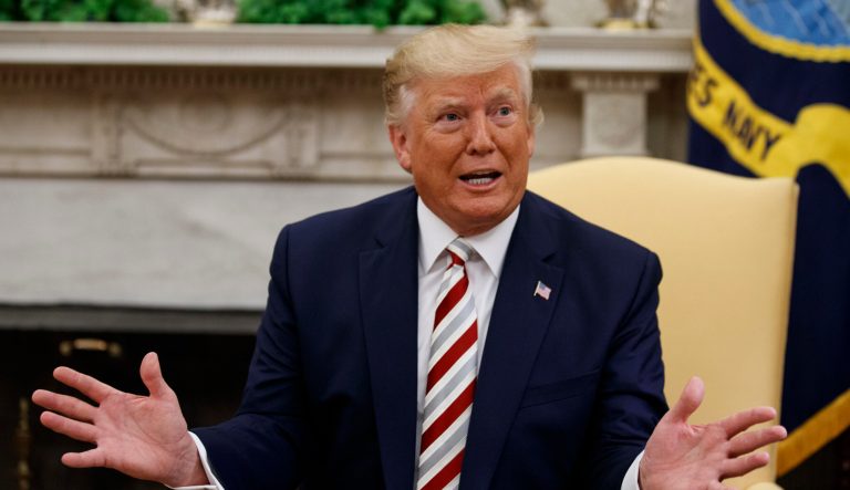 President Donald Trump speaks during a meeting with Romanian President Klaus Iohannis in the Oval Office of the White House, Tuesday, Aug. 20, 2019, in Washington.