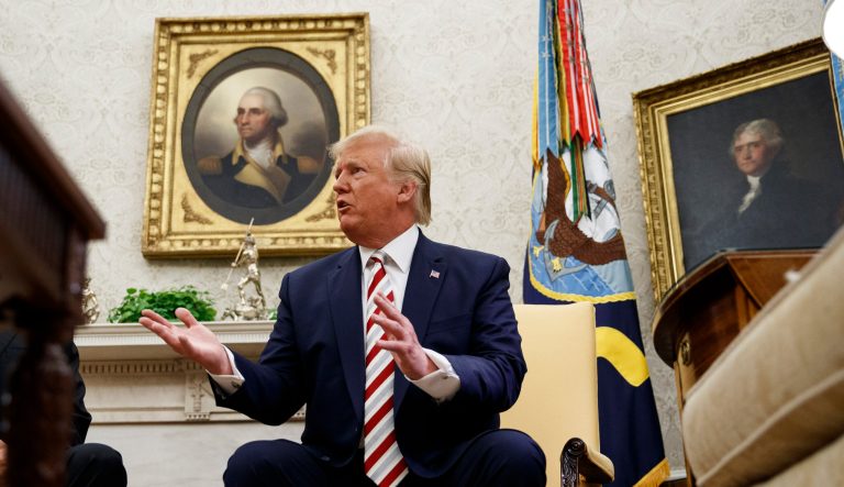President Donald Trump speaks during a meeting with Romanian President Klaus Iohannis in the Oval Office of the White House, Tuesday, Aug. 20, 2019, in Washington.