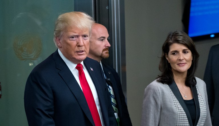 President Donald Trump addresses arrives with Nikki Haley, the U.S. ambassador to the UN, during the 73rd session of the United Nations General Assembly, at U.N. headquarters, Tuesday, Sept. 25, 2018. 