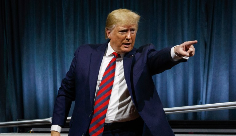 President Donald Trump points to the audience after speaking to the International Association of Chiefs of Police Annual Conference and Exposition, at the McCormick Place Convention Center Chicago, Monday, Oct. 28, 2019, in Chicago.