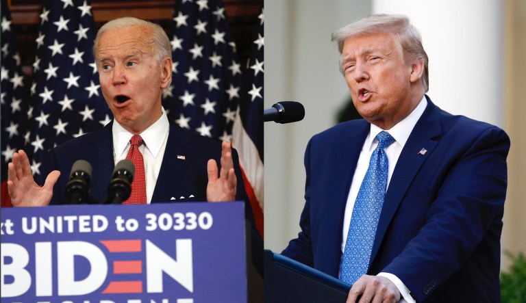 LEFT: Democratic presidential candidate, former Vice President Joe Biden speaks in Philadelphia, Tuesday, June 2, 2020. (AP Photo/Matt Rourke) RIGHT: President Donald Trump speaks in the Rose Garden of the White House, Monday, June 1, 2020, in Washington. (AP Photo/Patrick Semansky)