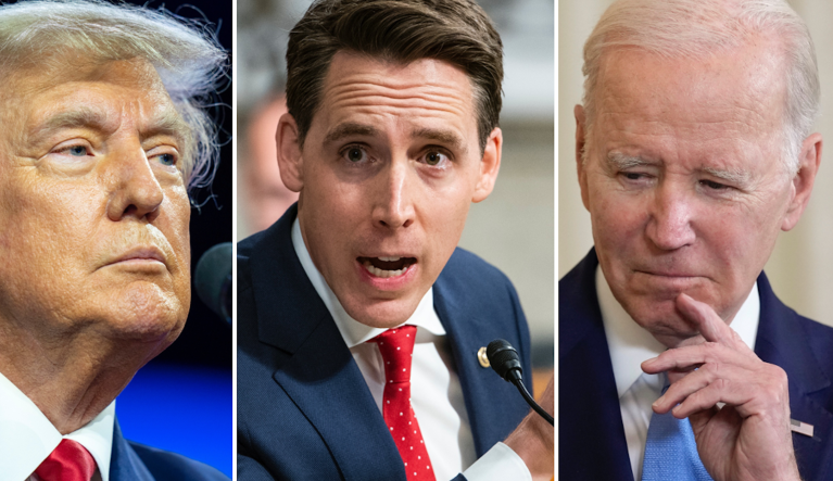 Former President Donald Trump (left), Sen. Josh Hawley (R-MO) (center), and President Joe Biden.