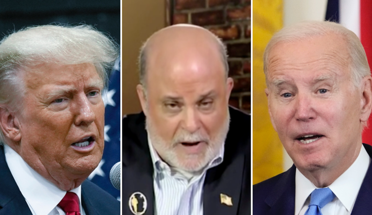 Former President Donald Trump (left), Fox News host Mark Levin (center), and President Joe Biden.