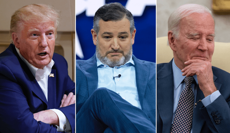 Former President Donald Trump, left, Sen. Ted Cruz (R-TX), center, and President Joe Biden.