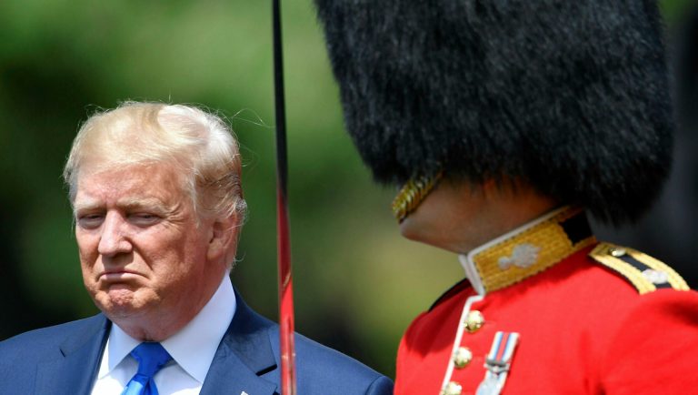 U.S. President Donald Trump inspects an honour guard during a welcome ceremony in the garden of Buckingham Palace, in London, for President Donald Trump and first lady Melania Trump Monday, June 3, 2019, on the first day of a three day state visit to Britain.