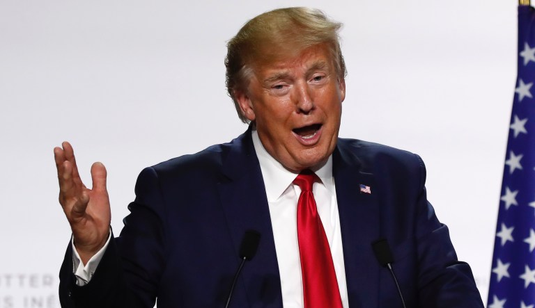 U.S President Donald Trump speaks during the final press conference with French President Emmanuel Macron during the G7 summit Monday, Aug. 26, 2019 in Biarritz, southwestern France. 