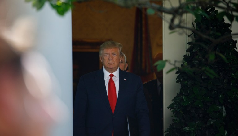 President Donald Trump arrives to announces the establishment of the U.S. Space Command during a ceremony in the Rose Garden of the White House in Washington, Thursday, Aug. 29, 2019. 