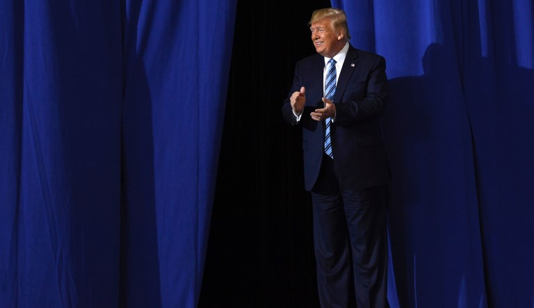 President Donald Trump walks on stage to speak in Monaca, Pa., Tuesday, Aug. 13, 2019, and visit Shell's soon-to-be completed Pennsylvania Petrochemicals Complex.