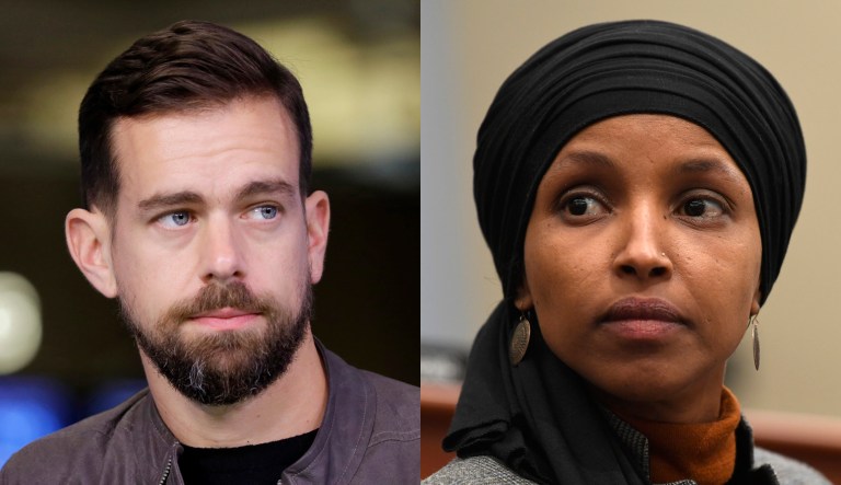 Jack Dorsey (left) and Ilhan Omar (right) are pictured.
