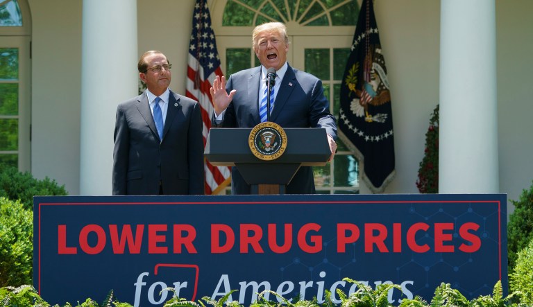 President Donald Trump speaks during an event about prescription drug prices with Health and Human Services Secretary Alex Azar in the Rose Garden of the White House in Washington, Friday, May 11, 2018.