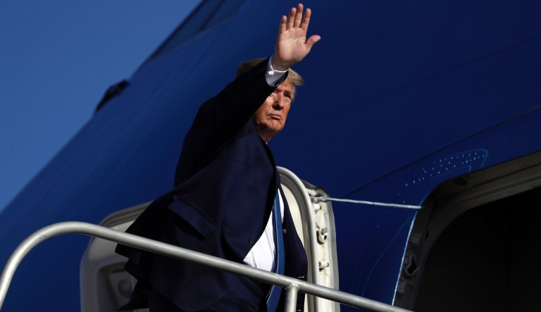 President Donald Trump tours a section of the southern border wall, Wednesday, Sept. 18, 2019, in Otay Mesa, Calif. 