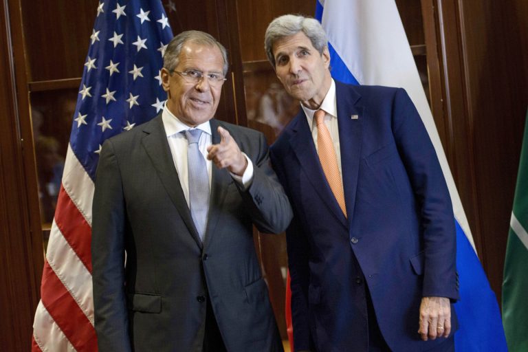 In this Monday August 3, 2015, file photo, Russia's Foreign Minister Sergey Lavrov and U.S. Secretary of State John Kerry talk before a trilateral meeting in Doha, Qatar. (AP Photo)Â 
