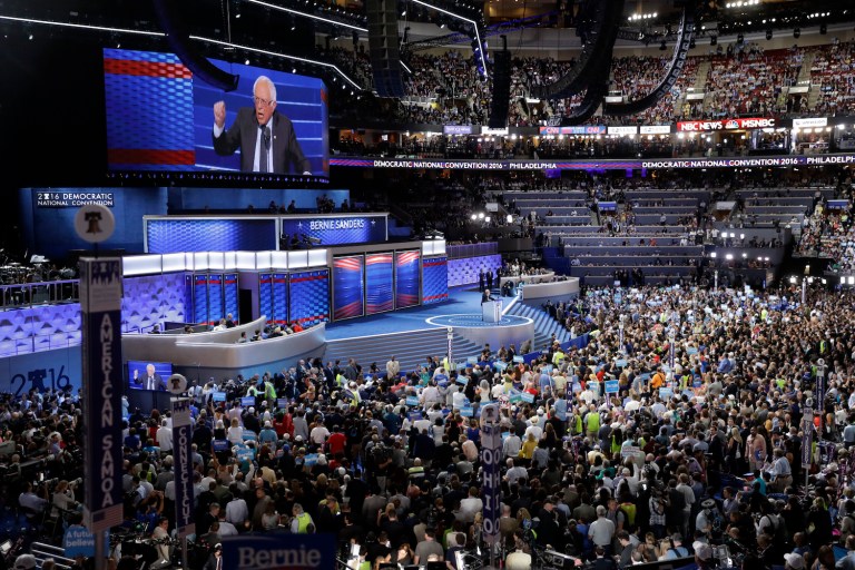 Former Democratic Presidential candidate, Sen. Bernie Sanders, I-Vt., speaks during the first day of the Democratic National Convention in Philadelphia , Monday, July 25, 2016. (AP Photo/Matt Rourke)