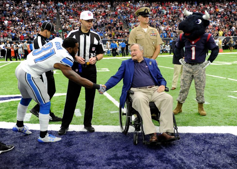 Former President George H.W. Bush takes part in Salute to Service day at NRG Stadium during before an NFL football game between the Houston Texans and the Detroit Lions, Sunday, Oct. 30, 2016, in Houston. At today's Super Bowl, he plans to participate in the coin toss. (AP Photo/Eric Christian Smith)