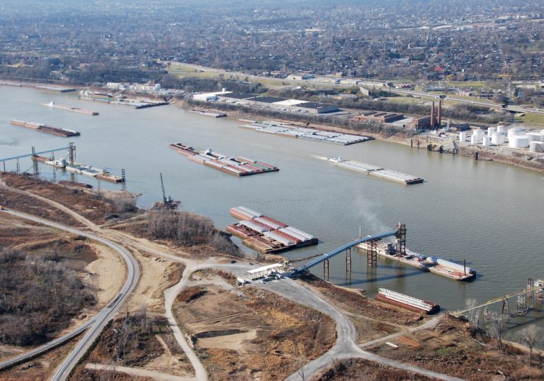   This Dec. 5, 2012 photo provided by The United States Coast Guard shows activity in the port of Saint Louis, one of America's busiest ports, which sees large amounts of coal, petroleum-products, and agricultural goods on a daily basis. In a letter obtained by The Associated Press Thursday, Dec. 6, 2012, Army Assistant Secretary Jo-Ellen Darcy, a top Army Corps official, turned back requests by federal lawmakers and the barge industry to release more of the Missouri River it is withholding, believing the drought-starved Mississippi River the Missouri feeds still will remain open to shipping despite mounting concerns. (AP Photo/United States Coast Guard, Colby Buchanan)  
