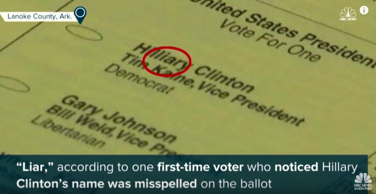 A first-time voter in Arkansas discovered a major error on her ballot when she went to vote in Lonoke County this week: Hillary Clinton's name was spelled Hilliary, placing the word 