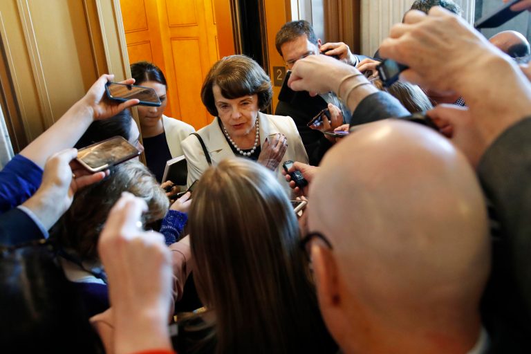 Sen. Dianne Feinstein, D-Calif., ranking member of the Senate Judiciary Committee, is asked questions by reporters about President Trump's decision to fire FBI Director James Comey, on Capitol Hill in Washington, Wednesday, May 10, 2017. (AP Photo/Jacquelyn Martin)
