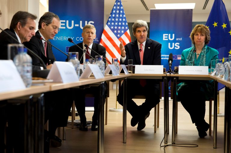 U.S. Special Envoy Carlos Pascual, left, U.S. Ambassador to the European Union Anthony Gardner, and U.S. Department of Energy Deputy Secretary Dan Poneman, listen as U.S. Secretary of State John Kerry, second from right, speaks next to European Union High Representative Catherine Ashton, right, at the start of a U.S.-EU Energy Dialogue meeting at the headquarters of the European Union in Brussels Wednesday April 2, 2014. (AP Photo/Jacquelyn Martin, Pool)
