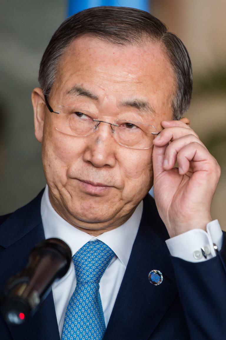 FILE-In this file photo taken on Tuesday April 1, 2014, United Nations Secretary General Ban Ki-moon addresses the media after the International Conference on Genocide Prevention at the Egmont Palace in Brussels.  U.N. Secretary-General Ban Ki-moon vowed Saturday, April 5, 2014, that the world would not forget Central African Republic, as he visited the country wracked by sectarian violence that has left thousands dead and forced most of the nation's Muslims to flee. (AP Photo/Geert Vanden Wijngaert,File)