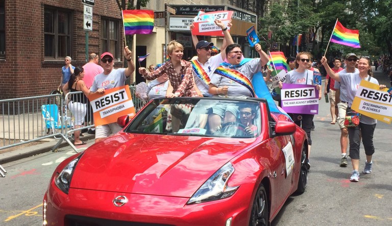 Chelsea Manning represented the American Civil Liberties Union at the New York City Pride March and was spotted riding in a red convertible next to Gavin Grimm, a transgender teenager. (Photo: Chelsea Manning/Twitter)