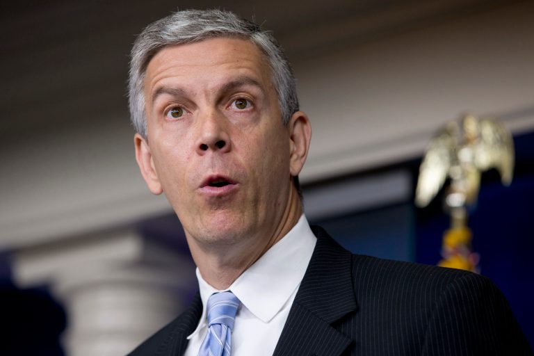 Education Secretary Arne Duncan speaks about education, Monday, July 7, 2014, during the daily briefing at the White House in Washington. The nation's largest teachers' union wants Duncan to quit. Delegates of the National Education Association adopted a business item July 4 at its annual convention in Denver that called for his resignation. The vote underscores the long standing tension between the Obama administration and teachers' unions _ historically a steadfast Democratic ally. (AP Photo/Jacquelyn Martin)