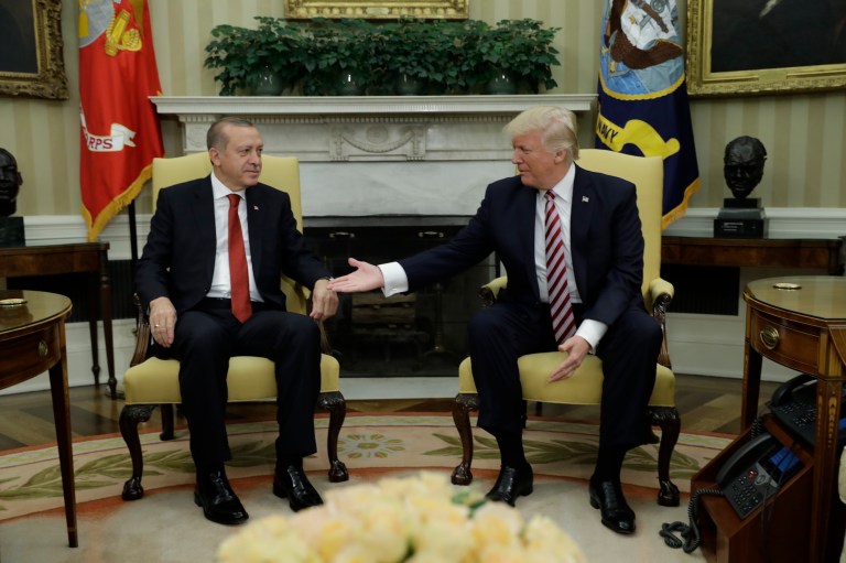 Erdogan comes to Washington with two demands: Extradite ally-turned-rival Fethullah Gülen and cease support for Syrian Kurds. (AP Photo/Evan Vucci)