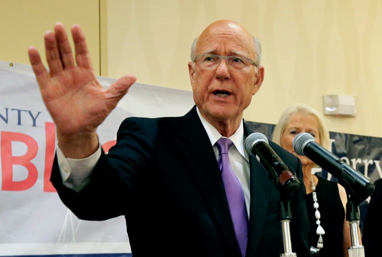 Sen. Pat Roberts makes his victory speech at a Johnson County Republican's election watch party Aug. 5 in Overland Park, Kan. (AP/Charlie Riedel)