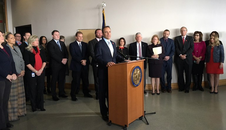 Kentucky Gov. Matt Bevin's lawsuit focuses on Kentucky's plan to install work requirements for able-bodied Medicaid recipients. Eligible beneficiaries must work, volunteer or get job training for 20 hours in order to get Medicaid benefits. (AP Photo/Adam Beam)