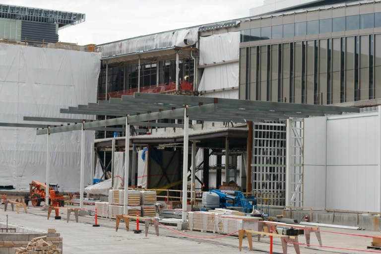 The construction for the Veterans Affairs Hospital is seen, Wednesday, July 1, 2015, in Aurora, Colo. The first inquiries into what went wrong with a vastly over-budget veterans medical center could be done soon, VA Deputy Secretary Sloan Gibson said Wednesday. (AP Photo/David Zalubowski)