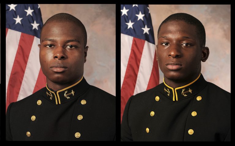 FILE - July, 24, 2013 file photos provided by the U.S. Navy Football team, shows Midshipman Eric Graham, left, and Midshipman Josh Tate. Graham is scheduled to speak publicly for the first time in a case in which a teammate is accused of sexual assault. (AP Photo/U.S. Navy Football team, File)