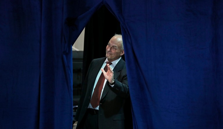 In the middle of Trump's speech in Alabama - in which he touted his support for Sen. Luther Strange in an upcoming GOP run-off contest - Trump's talk of the border quickly turned to a call for John Kelly, Trump's former homeland security secretary, to join him onstage. (AP Photo/Alex Brandon)