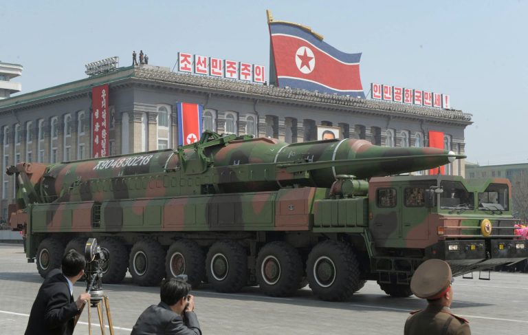 North Korea's KN-08 intercontinental ballistic missile displayed during a military parade in Pyongyang in April 2012 celebrating the 100th anniversary of country founder Kim Il Sung's birth. (Kyodo via AP)