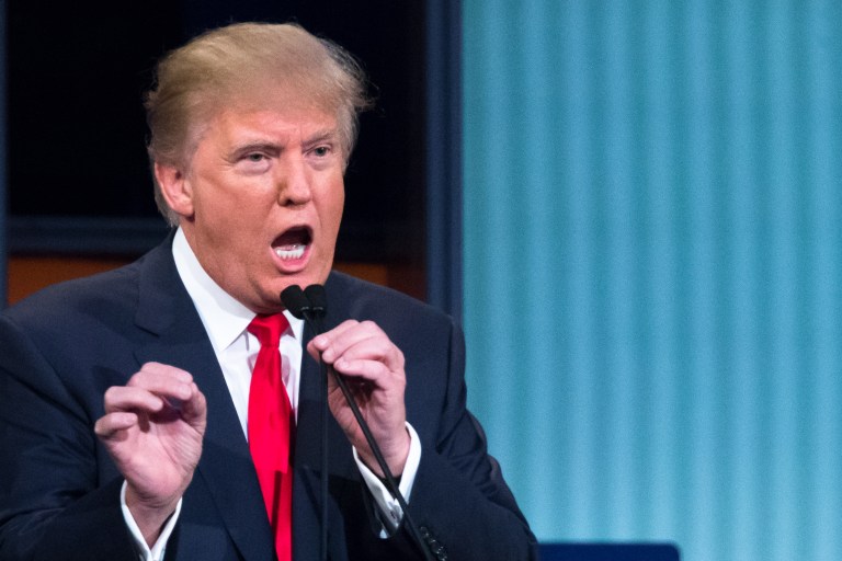 Republican presidential candidate Donald Trump participates in the first Republican presidential debate at the Quicken Loans Arena Thursday, Aug. 6, 2015, in Cleveland. (AP Photo/John Minchillo)
