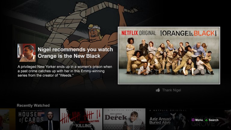 This screen shot provided by Netflix shows what the viewer will see when subscribers recommend movies and TV shows to their Facebook friends. Netflix is giving its Internet video subscribers a more discreet way to recommend movies and TV shows to their Facebook friends after realizing most people don't want to share their viewing habits with large audiences. Until now, Netflix subscribers linking the service to their Facebook accounts automatically disclosed everything they were watching with a potentially wide-reaching range of people. The automatic disclosures will end Tuesday, Sept. 2, 2014. A menu of friends culled from Facebook will appear after Netflix subscribers finish watching a video if they have turned on the sharing feature. (AP Photo/Netflix)