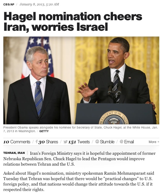 CBS: ‘Hagel Nomination Cheers Iran, Worries Israel’