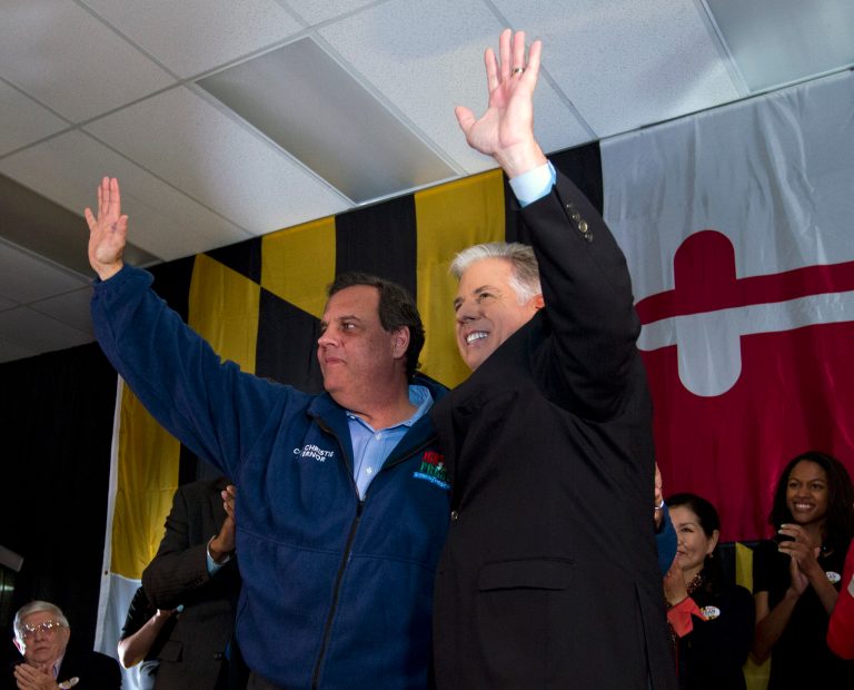 Christie, left, on a campaign stop with Larry Hogan on Nov. 2. Two days later, Hogan became Maryland's new Republican Governor-elect. (AP/Jose Luis Magana)