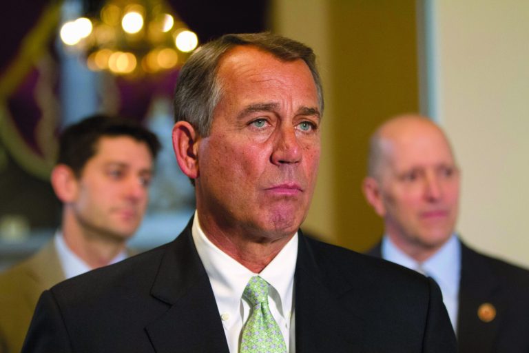 FILE - In this Jan. 23, 2013, file photo, House Speaker John Boehner of Ohio, flanked by House Budget Committee Chairman Rep. Paul Ryan, R-Wis., left, and House Ways and Means Committee Chairman Rep. Dave Camp, R-Mich., speaks during a news conference on Capitol Hill in Washington. Boehner has shored up his political clout after a shaky month by persuading fellow Republicans to pick their fights with Democrats more strategically. His rebound helped the government avoid a potential default on financial obligations. (AP Photo/Jacquelyn Martin, File)
