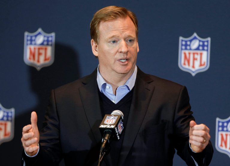 FILE - in this March 26, 2014, file photo, NFL Commissioner Roger Goodell answers questions during a news conference in Orlando, Fla. Goodell says the league asked for, but was not given, a just-released video showing former Baltimore Ravens running back Ray Rice hitting his then-fiancee on an elevator. Goodell says during an interview with CBS aired Tuesday, Sept. 9, 2014: 