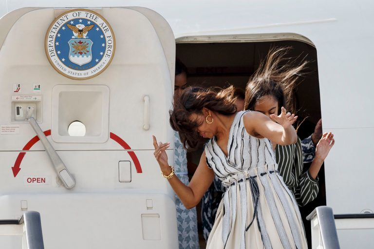 United States of America First Lady Michelle Obama disembarks a plane, on her arrival at Torrejon de Ardoz military base near Madrid, Spain, Wednesday, June 29, 2016. U.S. first lady Michelle Obama has arrived in Spain on the final leg of a three-nation tour to promote her global girls' education initiative. (AP Photo/Daniel Ochoa de Olza)