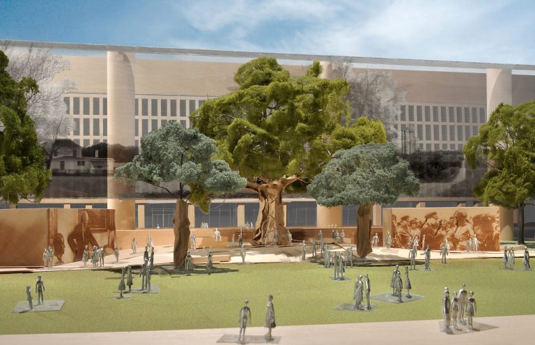 Eisenhower Memorial Pedestrian Experience.
Model image courtesy of Gehry Partners, LLP, 2012.
(Ã¢â¬ËThe Elder StatesmanÃ¢â¬â¢ photograph from an original print by Yousuf Karsh, 1966).