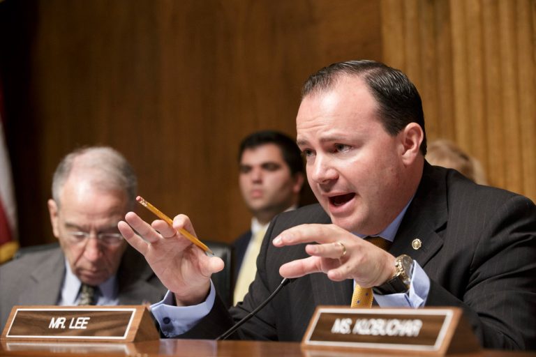 Sen. Michael S. Lee, R-Utah, right, and Rep. Mark Meadows of North Carolina say they will not vote for a continuing resolution to fund the government after Sept. 30 if it contains money to continue implementing Obamacare. (AP/J. Scott Applewhite)