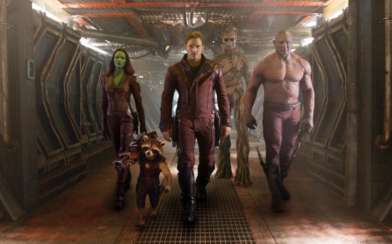 FILE - This undated image released by Disney - Marvel shows, from left, Zoe Saldana, the character Rocket Racoon, voiced by Bradley Cooper, Chris Pratt, the character Groot, voiced by Vin Diesel and Dave Bautista in a scene from 