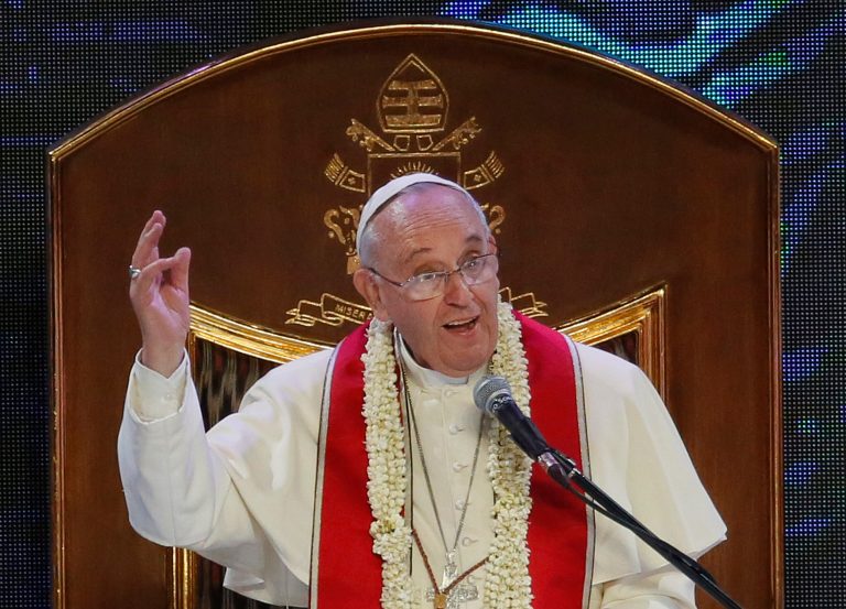 Pope Francis gestures as he addresses thousands of the faithful at the Mall of Asia arena in Manila, Philippines. (AP/Wally Santana)