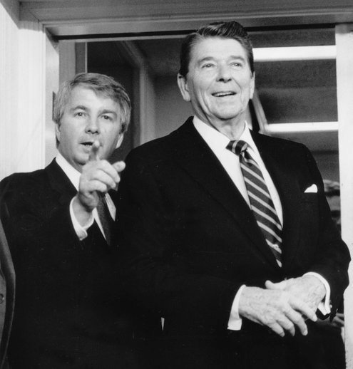 President Reagan and Larry Speakes in 1984, telling reporters that a briefing was over. Scott Stewart/Associated Press